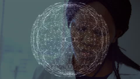 Futuristic Network Overlay on Scientist in Laboratory Setting