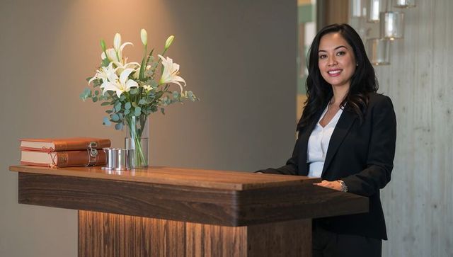 Smiling receptionist standing behind wooden front desk with vase of lilies and leather books