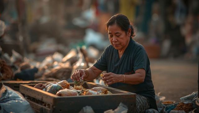 Market vendor sorting wrapped parcels in wooden crate during golden hour