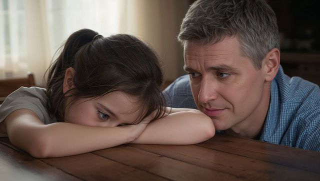 Father comforting daughter leaning on wooden table near window, tender family moment