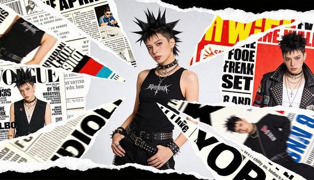 Edgy punk model standing in torn magazine collage wearing black tank studded belt chokers