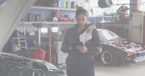 Female Mechanic Uses Tablet in Garage with Financial Data Overlay