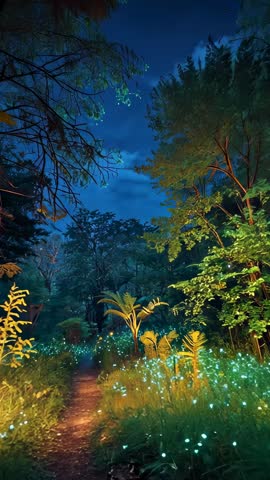 Vertical video sliding through bioluminescent night forest trail glowing turquoise lights