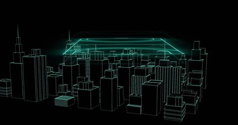 Neon green digital cityscape with spinning sports field hologram