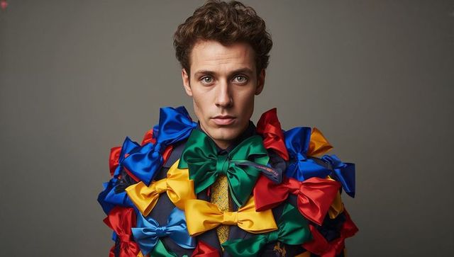Man wearing satin bow cluster with green neck bow, holding gaze, colorblock portrait