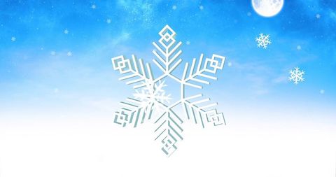 Ornate geometric snowflake floating over blue twilight sky with moon minimalist winter