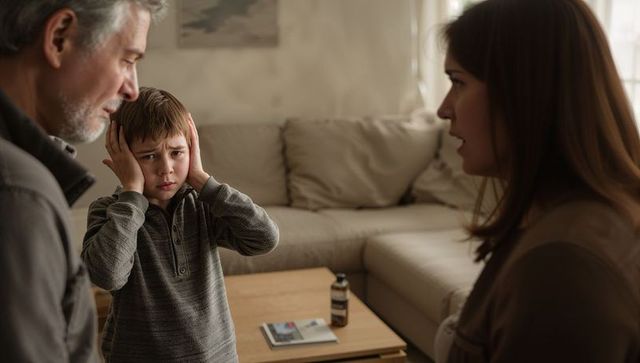 Child Covering Ears During Tension Between Adults in Living Room