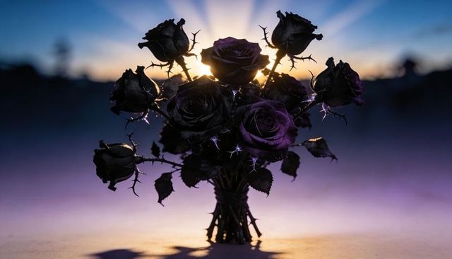 Backlighting dark purple roses bouquet casting halo at sunrise with misty dawn silhouette