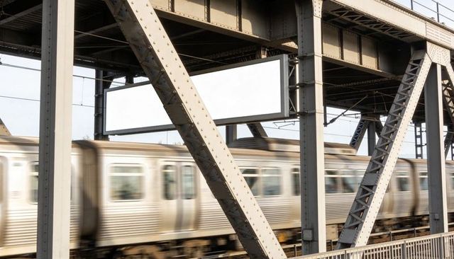 Moving silver commuter train crossing elevated steel truss bridge with blank billboard