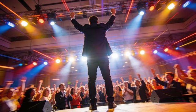 Celebrating speaker raising arms on stage at packed conference with dramatic lighting
