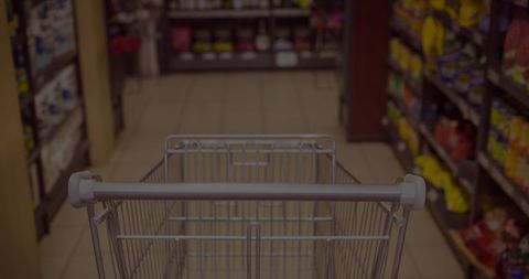 A shopping cart is shown moving through a well-stocked grocery store aisle, highlighted with an array of colorful products on either side. This image captures the essence of everyday shopping activities and can be used in content related to retail, grocery shopping, or consumer behaviors. Suitable for advertising grocery stores, articles on consumer trends, and blogs about shopping experiences.