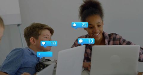 Teens collaborating on laptops with robotics project and social media notification overlays