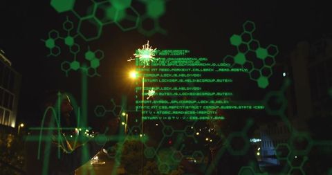 Hooded woman raising phone, green hologram hex grid projecting code over night urban street