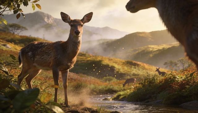 Young deer standing in misty sunlit mountain meadow by stream at golden hour