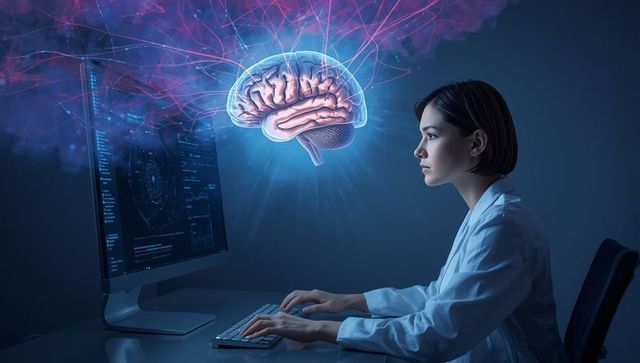 Neuroscientist analyzing holographic brain model on desktop monitor