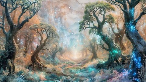 Mystical enchanted forest with twisting trees and ethereal lights
