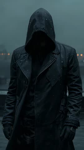 Hooded Figure Standing on Foggy Pier While Rain Soaking Coat | Moody Vertical Video