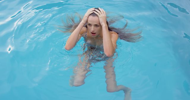 Worried Woman Standing in Pool in Swimsuit - Download Free Stock Images Pikwizard.com