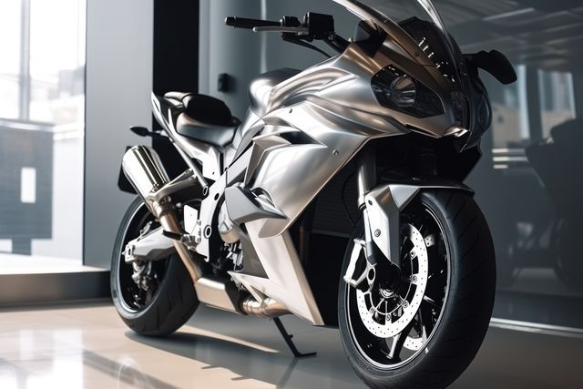 Silver motorbike in showroom, created using generative ai technology. Motorbike, travel and transport concept digitally generated image.