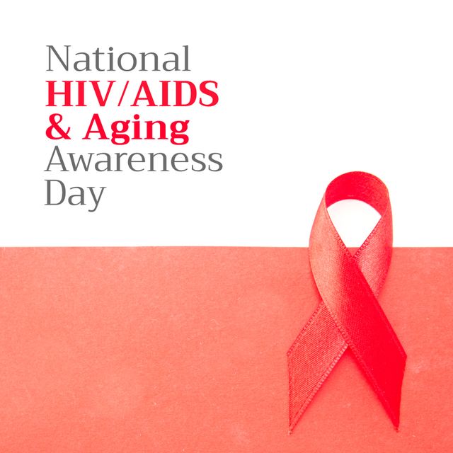 Image of national hiv aids aging awareness day on white and red background with red ribbon. Health, medicine and hiv and aids awareness concept.