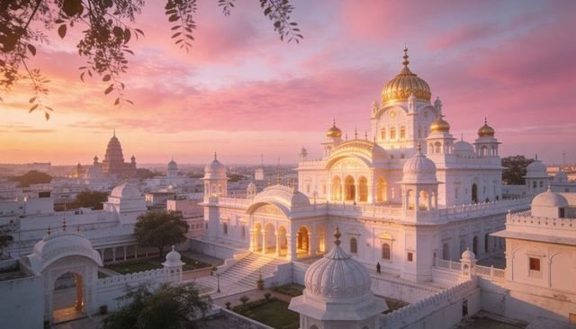White marble palace with golden domes glowing at pink sunset, ornate arches and terraces