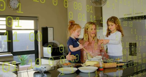 Mother guiding two children baking at modern kitchen island with binary code overlay