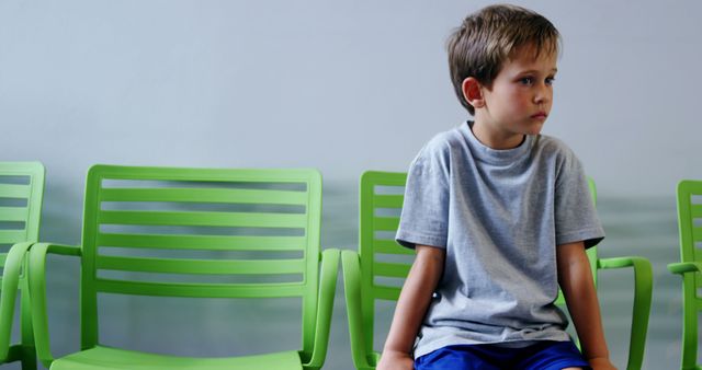 Elevated View of Reflective Young Boy Sitting Alone on Green Chairs - Download Free Stock Images Pikwizard.com