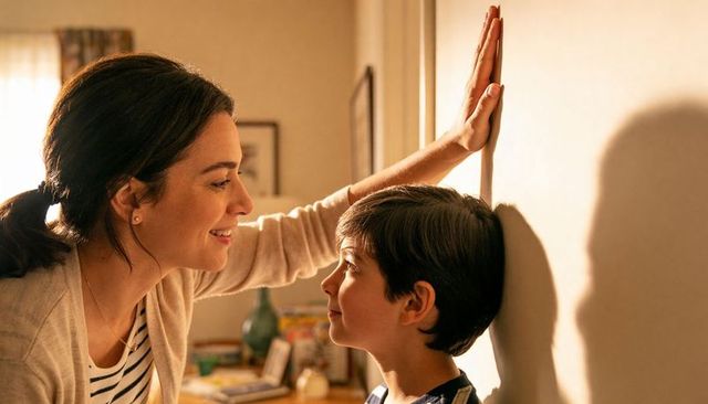 Mother measuring son's height against wall during tender home bonding moment