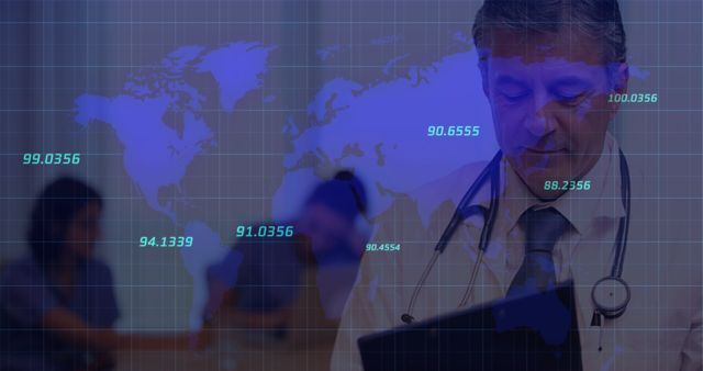 Medical professional analyzing global health data displayed on a digital interface with a world map overlay. Ideal for use in healthcare technology, medical research, or global health initiatives to represent modern approaches in medical diagnostics and global health monitoring.