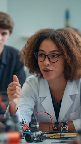 Vertical video: Student in lab coat explaining circuit boards to peer in robotics project