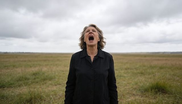 Shouting senior woman calling across windswept grassland under dramatic cloudy sky