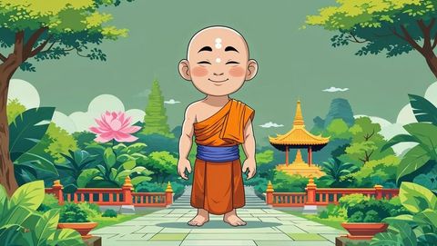 Young monk standing in temple garden for spiritual serenity