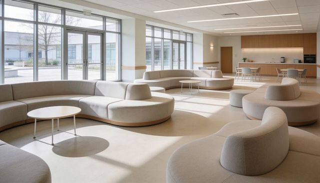 Curved modular lounge featuring daylit glass wall, minimal seating and kitchenette