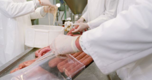 Butchery Workers Processing Sausages in Commercial Kitchen - Download Free Stock Images Pikwizard.com