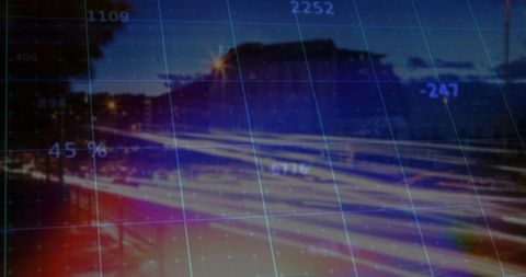 Highway light trails with futuristic data grid overlay