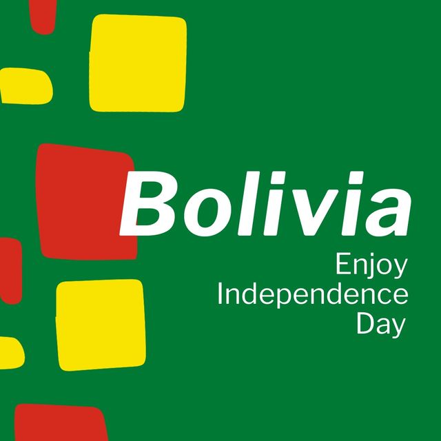 Illustration of bolivia independence day text with yellow and red scribbles on green background. copy space, vector, patriotism, celebration, freedom and identity concept.