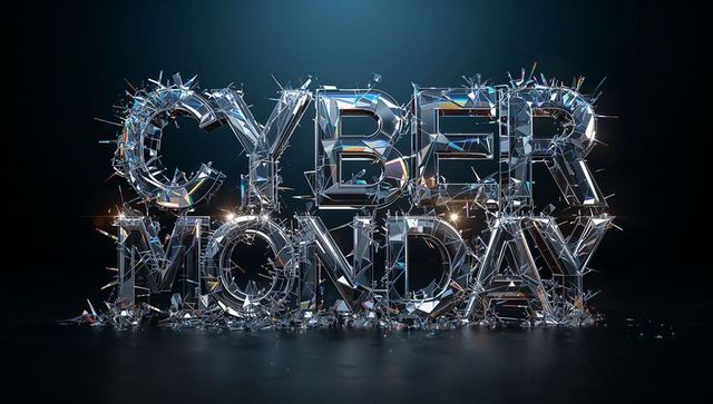 Shattering cyber monday typography shedding reflective glass shards and cinematic debris