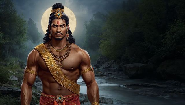 Mythical south asian warrior by moonlit forest stream