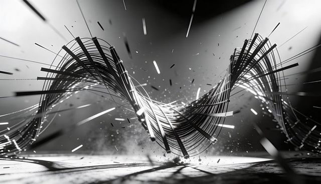 Kinetic metallic ribbon twisting with explosive particles and dramatic monochrome lighting