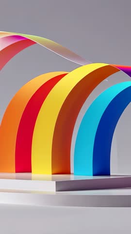 Vertical video zooming over rainbow arches with flowing gradient ribbon, minimalist studio