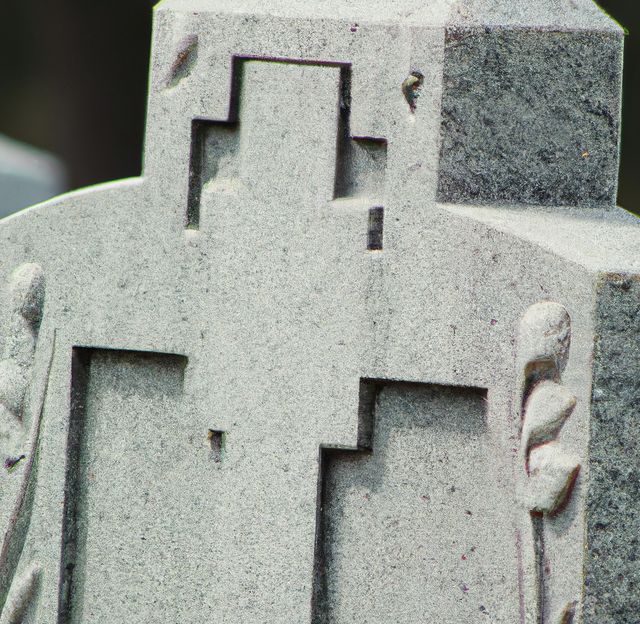 Detailed close-up of carved cross on stone grave marker. Perfect for themes of remembrance, grief, bereavement, cemetery, and religion. Suitable for articles, blogs, and visual illustrations about heritage, history, religious practices, and funeral services.