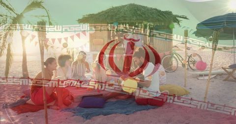 Friends gathering on tropical beach sharing lanterns and blankets with flag overlay