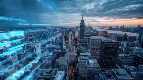 Drone Capturing City Skyline with Futuristic Digital Overlay