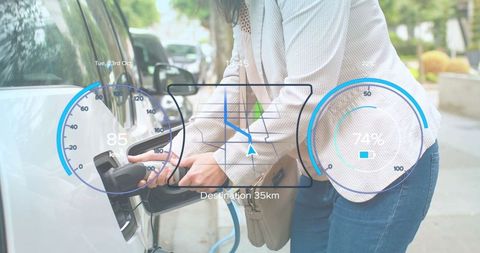 Woman charging electric car with digital interface overlay