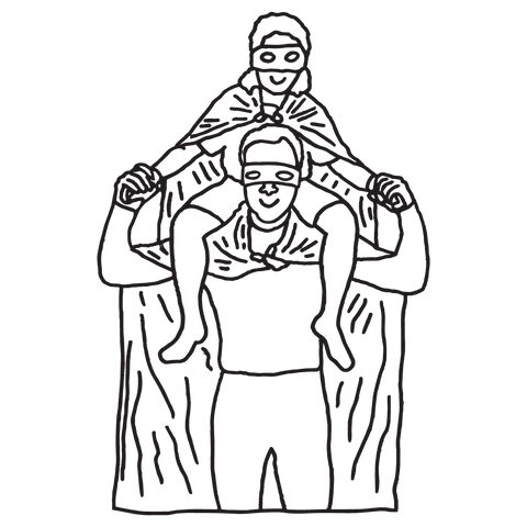 Transparent heroic father with child on shoulders illustration