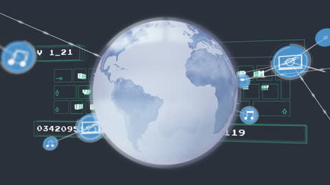 Futuristic Digital Globe with Holographic Icons and Code Overlay