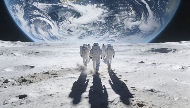 Four Astronaut Crew Walking on Lunar Surface with Dramatic Earth Rising on Horizon