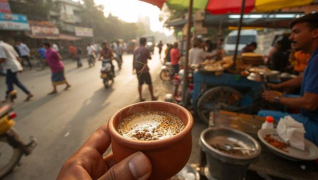 Morning masala chai in terracotta cup at vibrant urban market