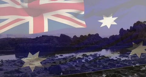 Australian Flag Superimposed on Rocky Shoreline at Low Tide