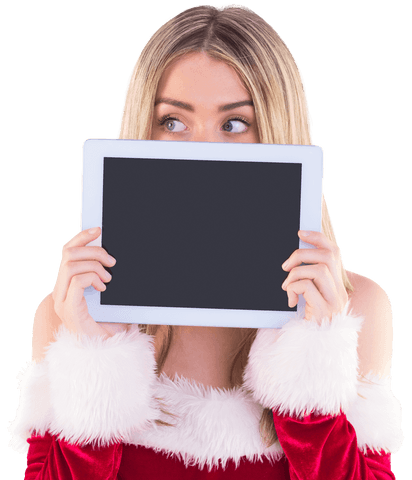 Transparent Cheerful Santa Girl Holding Digital Tablet